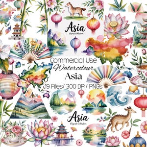 Puede incluir: Colección de imágenes prediseñadas de acuarela con ilustraciones de temática asiática. Incluye pagodas, linternas, mapas, flores, abanicos y animales. El texto "Asia" y "Commercial Use Watercolour Asia" son visibles. 19 archivos a 300 DPI en formato PNG.
