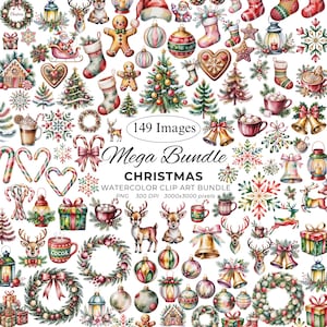 Può includere: Un pacchetto di clip art ad acquerello a tema natalizio. L'immagine presenta vari elementi festivi, tra cui ornamenti, omini di pan di zenzero, calze e ghirlande. Il testo "Mega Bundle" e "Christmas" sono visibili.
