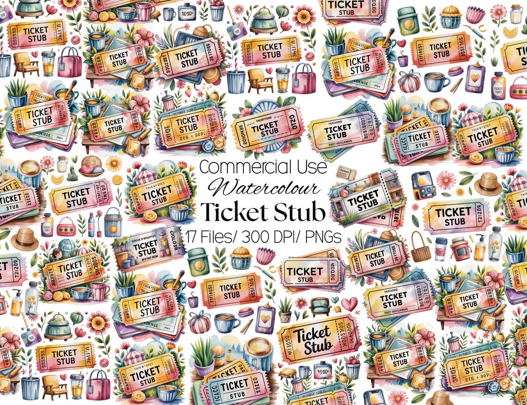 17 Ticket Stub Clipart, Watercolor Event Tickets PNG, Movie Theatre