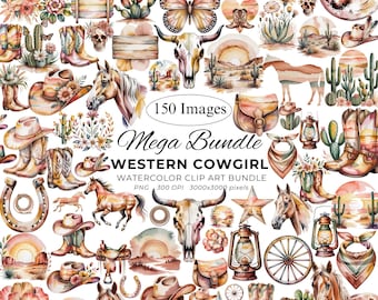 Western Cowgirl Clipart Mega Bundle, 150 Watercolor Western PNG, Cowgirl Boots Hat Horse Desert Clipart, Country Western Graphics