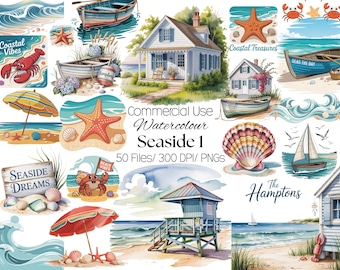 Pacchetto di clipart di acquerelli di mare, PNG costieri (download digitale)