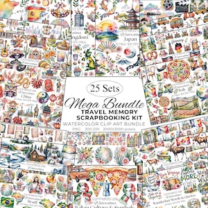 May include: A digital collection of 25 watercolor clip art sets titled Mega Bundle Travel Memory Scrapbooking Kit. The graphics feature diverse international cultural symbols, landmarks, food, and landscapes, including maps, flags, and travel-themed icons.