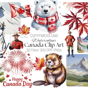 Könnte beinhalten: Aquarell-Clip-Art mit kanadischen Symbolen. Enthält einen Eisbären mit einem Schal mit der Aufschrift "Canada", eine kanadische Flagge, einen Husky, einen Biber mit einem Ahornblatt, einen Mountie und den Text "Happy Canada Day".