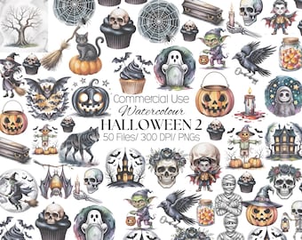 May include: A collection of watercolor Halloween illustrations featuring pumpkins, skulls, ghosts, bats, black cats, coffins, cupcakes, and haunted houses. The central text reads Commercial Use Watercolour HALLOWEEN 2 50 Files/ 300 DPI/ PNGS.