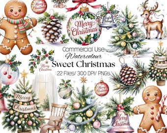 Sweet Christmas Christmas PNG Bundle Watercolor Christmas Clipart, 22 Gingerbread Man Tree Ornaments Reindeer Holly Candy Cane Graphics