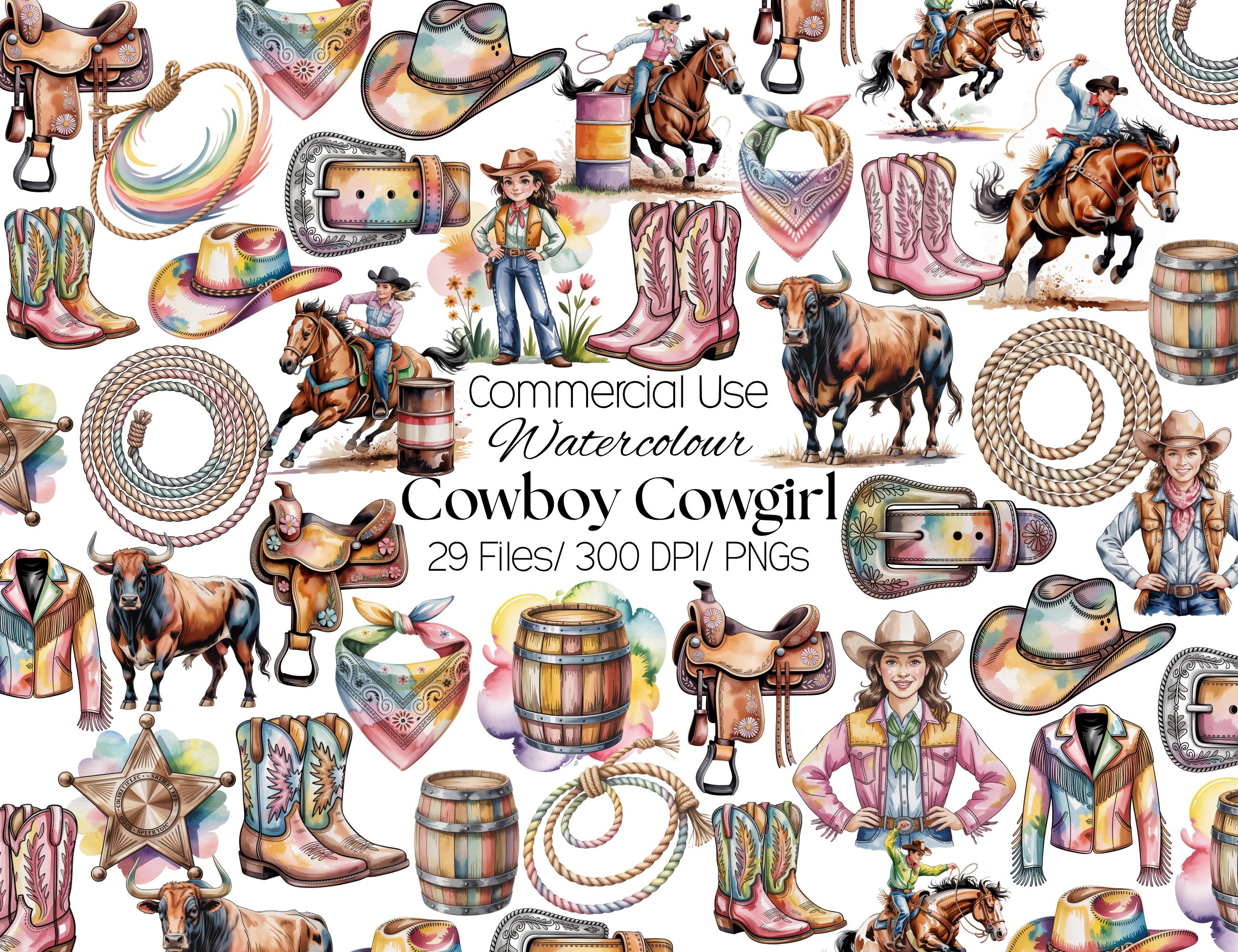 29 imágenes prediseñadas PNG de vaqueros y vaqueras, botas vaqueras en acuarela, sombrero, caballo, rodeo, vaquera, vaquero, uso comercial.
