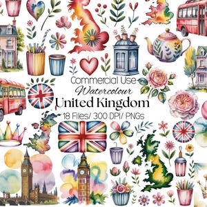 May include: A collection of watercolour illustrations featuring iconic British imagery. Includes a red bus, Big Ben, a teapot, and the Union Jack. The text reads "Commercial Use Watercolour United Kingdom".