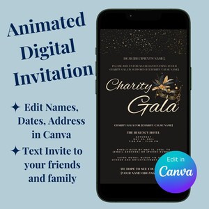 May include: A black and gold digital invitation for a charity gala. The invitation features a gold mask and the text "Charity Gala" in a script font. The invitation also includes the date, time, and location of the event.