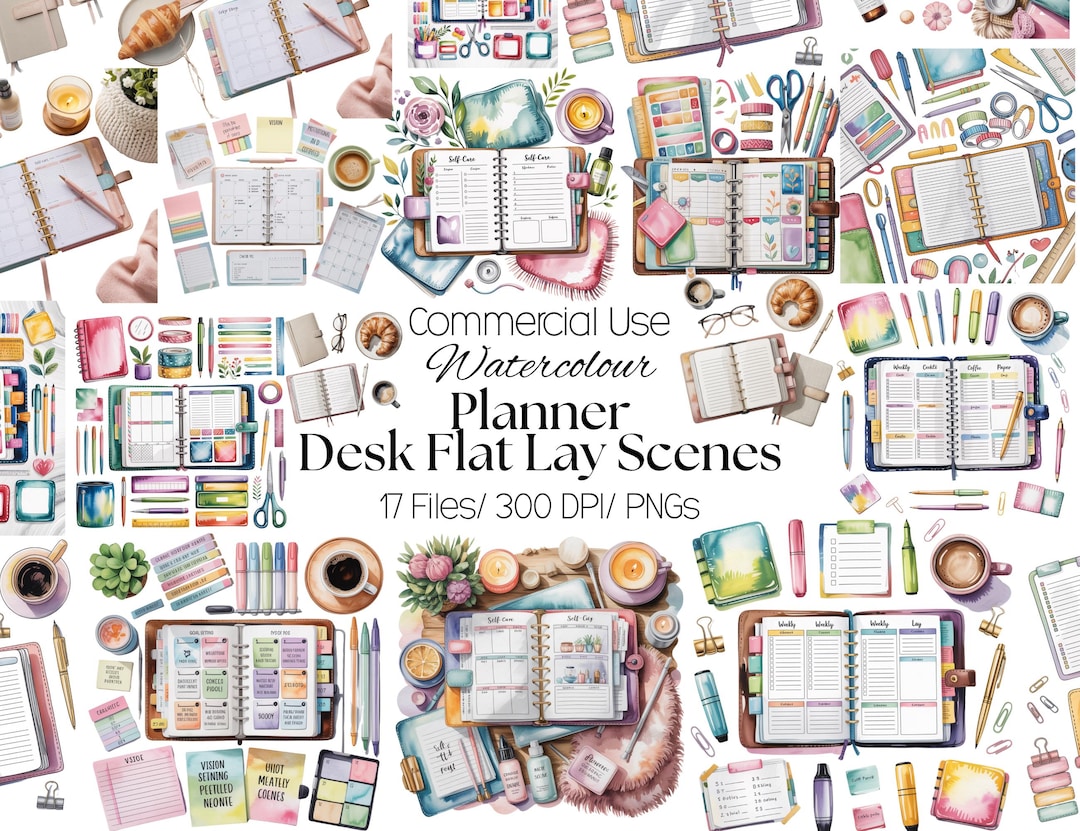 17 Planner Desk Flat Lay Scenes Clipart PNG, Flat Lay Planner ...
