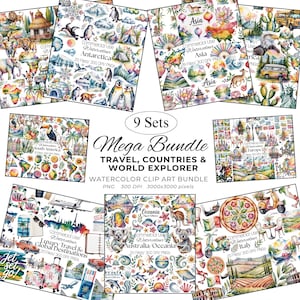 Könnte beinhalten: Eine Sammlung von neun Aquarell-Clip-Art-Sets mit Reisethemen. Die Sets enthalten Illustrationen von Ländern, Sehenswürdigkeiten, Tieren und reisebezogenen Gegenständen. Der Text auf dem Bild lautet "Mega Bundle: Travel, Countries & World Explorer".