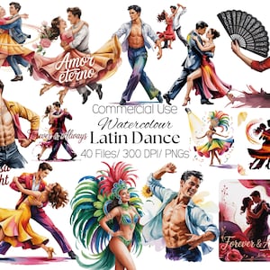 Könnte beinhalten: Aquarell-Illustrationen von Paaren beim lateinamerikanischen Tanzen. Die Bilder zeigen Tänzer in farbenfrohen Kostümen, mit Texten wie "Salsa Night", "Amor eterno" und "Forever & Always". Enthält 40 Dateien im PNG-Format mit 300 DPI.