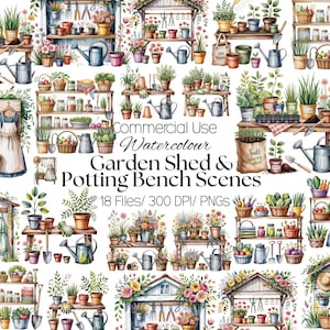 May include: A collection of watercolour illustrations featuring garden sheds, potting benches, and gardening tools. The image showcases various scenes with plants, flowers, watering cans, and gardening accessories. Text reads "Commercial Use Watercolour Garden Shed & Potting Bench Scenes".