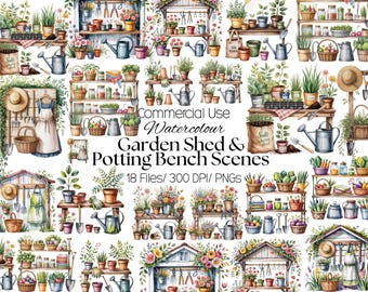 18 Garden Shed & Potting Bench Scenes Clipart PNG, Potting Bench, Plants, Tools, Gardening Scenes, Farmhouse Clipart, Commercial Use