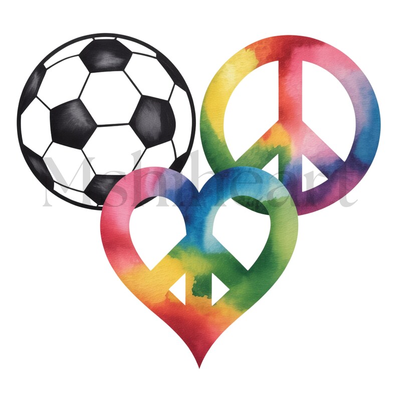 May include: A black and white soccer ball next to a rainbow-colored peace sign and a heart-shaped peace sign. The peace signs have a watercolor effect with colors blending from red to purple and yellow to green.