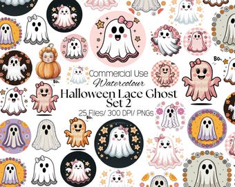 Watercolor Lace Ghost Clipart: 25 Spooky Kawaii PNG Images (Digital Download)