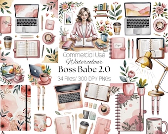 May include: Watercolor illustration featuring a collection of office supplies and accessories in shades of pink, gold, and green. Includes laptops, notebooks, pens, coffee cups, and floral accents. The text reads "Commercial Use Watercolour Boss Babe 2.0".