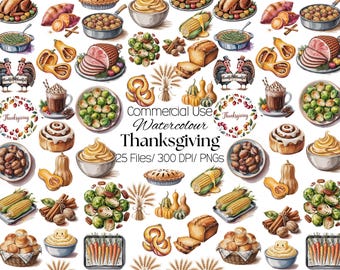 May include: A digital collection of Thanksgiving-themed watercolor illustrations featuring roasted turkeys, glazed hams, corn on the cob, bowls of mashed potatoes, brussels sprouts, cinnamon rolls, pies, bread, carrots, and pumpkins with text Commercial Use.