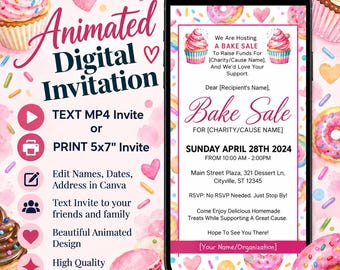 Editable Bake Sale Flyer Invitation Electronic Animated Canva Template Mobile Invite Bake Sale Flyer School Event  Bake Sale Fundraiser