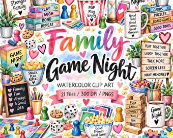 21 Clipart voor een spelletjesavond met het gezin (PNG), Aquarel clipart van bordspellen, Gezinsactiviteiten, Dobbelstenen, Kaarten, Puzzels, Popcorn, Kinderspelletjes (PNG)
