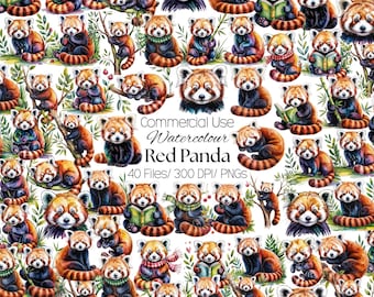 40 Red Panda Clipart, Watercolor Cute Wildlife Animal, Panda Reading Book PNG