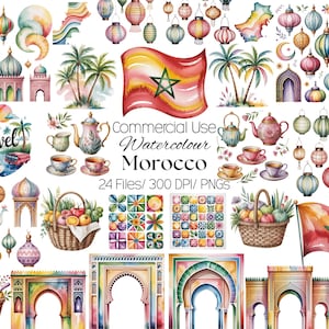 May include: Watercolor illustrations featuring Moroccan themes, including lanterns, flags, arches, and teacups. The image includes the word "Travel" and the text "Commercial Use Watercolour Morocco 24 Files/300 DPI/PNGS".