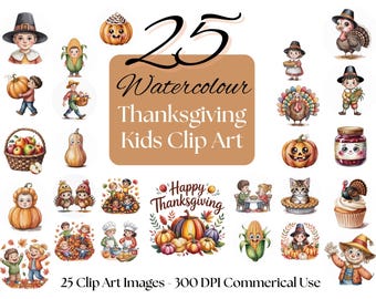 Thanksgiving Kids Clipart | Watercolor Turkey, Pumpkin PNG (Digital Download)