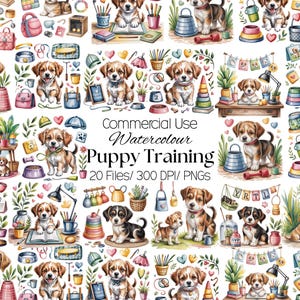 May include: A collection of watercolour illustrations featuring puppies and training accessories. The image includes puppies, bowls, leads, and training equipment. The text "Puppy Training" is displayed.