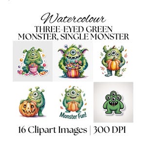 Puede incluir: Una colección de 16 imágenes prediseñadas de acuarela con monstruos verdes de tres ojos. Los monstruos se representan con caramelos, calabazas y el texto "Sweet Treats" y "Monster Fun!" sobre un fondo blanco.