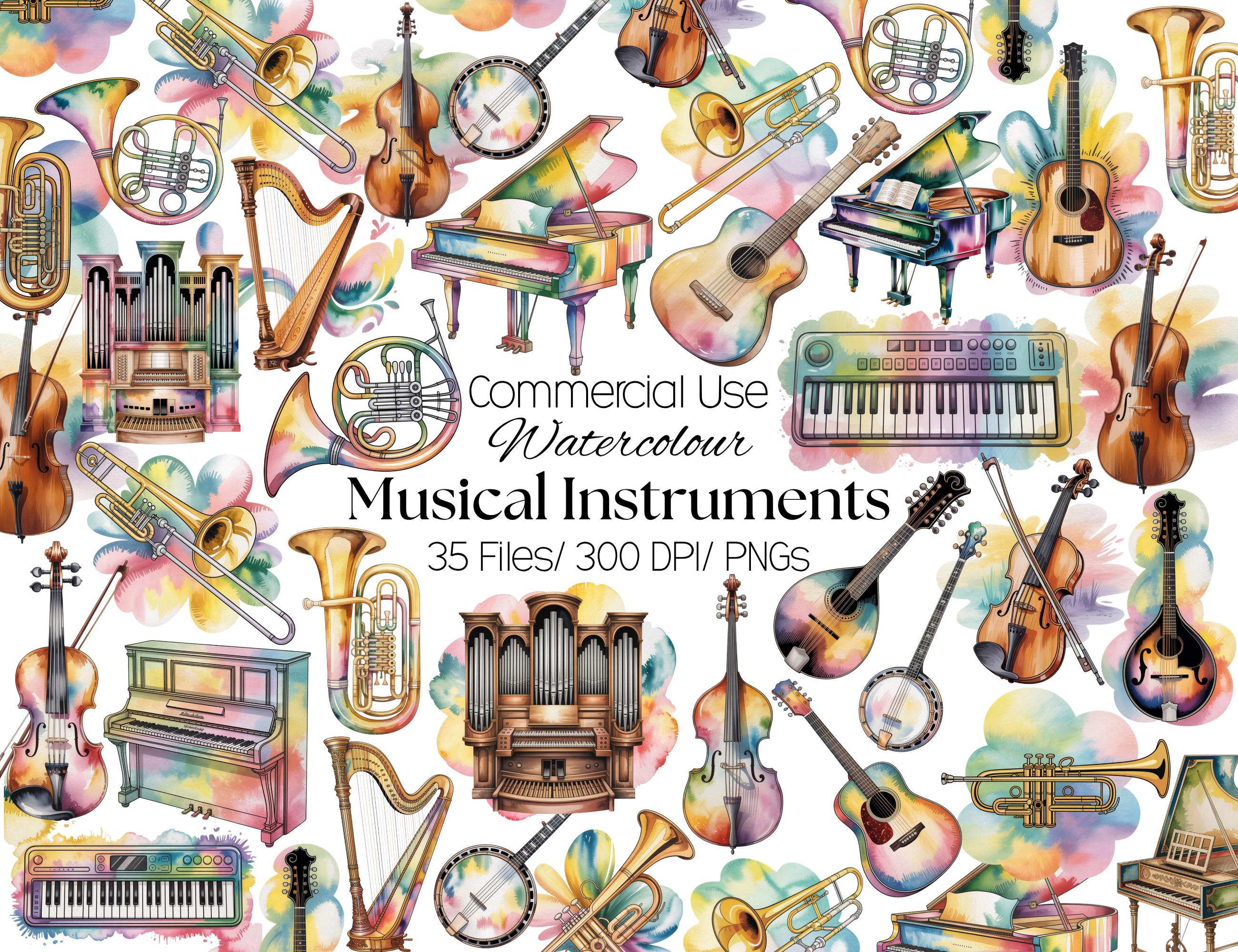 35 Musical Instruments Clipart PNG, Watercolor Piano, Guitar, Violin ...