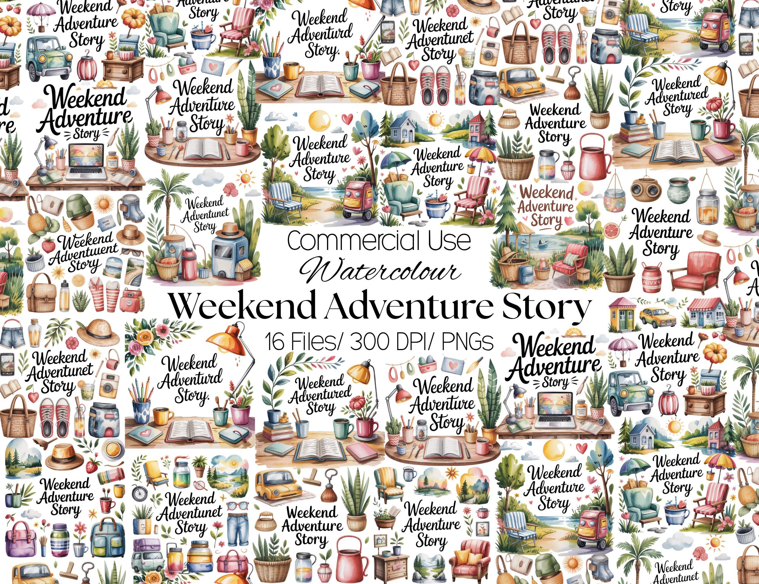 16 Weekend Adventure Clipart, Watercolor Travel Scenes, Camping Beach ...