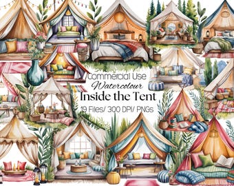 Puede incluir: Ilustraciones en acuarela de varias tiendas de campaña con diseños interiores. La imagen incluye el texto «Commercial Use Watercolour Inside the Tent 19 Files / 300 DPI / PNGs». Las tiendas están decoradas con cojines, muebles y plantas.