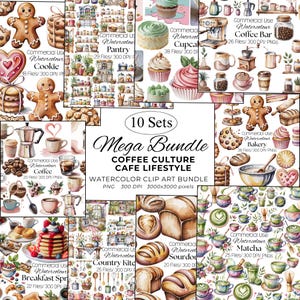 May include: A watercolor clip art bundle featuring coffee culture and cafe lifestyle themes. The image includes illustrations of baked goods, coffee, cupcakes, and kitchen scenes. The text reads "10 Sets Mega Bundle Coffee Culture Cafe Lifestyle".