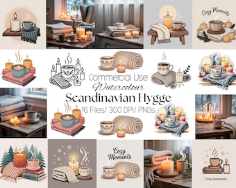 Scandinavische Hygge Clipart Set: Gezellige Winterafbeeldingen in Aquarelstijl (PNG, 300 DPI)