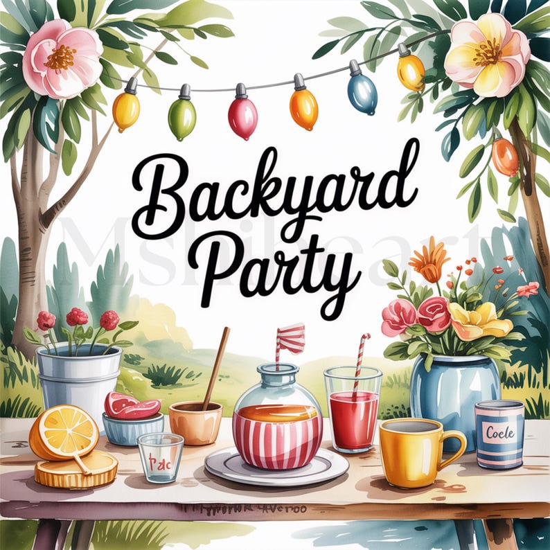 30 Backyard Party Clipart, Watercolor Celebration PNG, Party Hats ...