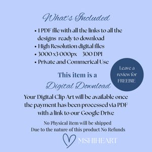 May include: A digital download graphic on a light blue background. Text includes "What's Included", bullet points, and "This item is a Digital Download". A blue circle says "Leave a review for FREEBIE". A heart and the name "MSHIHEART" are at the bottom.