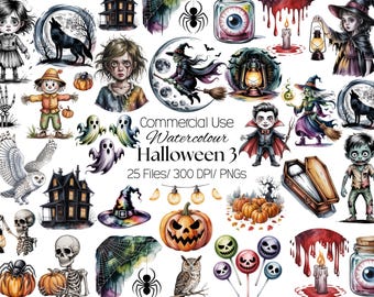 Watercolor Halloween Clipart 25 Images - Set 1  | Witch Hat, Black Cat, Magic Elements, Potion Bottles, Spooky PNG Bundle for Crafts
