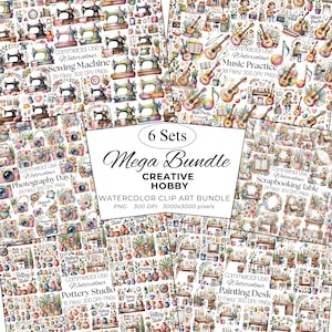 Pode incluir: Um pacote de clip art em aquarela com seis conjuntos de temas de hobbies criativos. Os conjuntos incluem máquinas de costura, prática musical, fotografia, scrapbooking, cerâmica e designs de mesa de pintura. Cada conjunto inclui vários arquivos PNG.