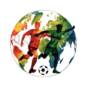 May include: A watercolor illustration of two soccer players in action, set against a colorful globe. One player is in red, the other in green, with a soccer ball at their feet. The globe is a vibrant mix of colors.
