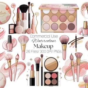 May include: Watercolor makeup set featuring various cosmetic items in shades of pink and gold. Includes eyeshadow palettes, lipsticks, brushes, nail polish, and a perfume bottle. The text "Commercial Use Watercolour Makeup" is also present.