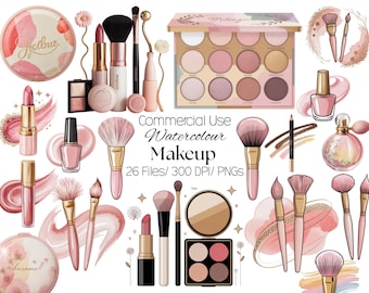 May include: Watercolor makeup set featuring various cosmetic items in shades of pink and gold. Includes eyeshadow palettes, lipsticks, brushes, nail polish, and a perfume bottle. The text "Commercial Use Watercolour Makeup" is also present.
