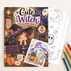 May include: A Cute Witch coloring book featuring a cover illustration of a character with a black hat, a black cat, pumpkins, and books labeled Potions, Spells, Sweet Treats, and Happy Haunts. The book includes 19 pages and a sample coloring sheet.