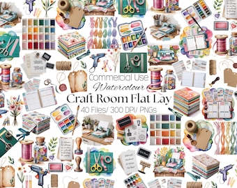 Könnte beinhalten: Eine digitale Sammlung von Aquarell-Bastelzimmer-Elementen, darunter Scheren, Garnrollen, Farbpaletten, Heißklebepistolen, Knopfgläser, Papieranhänger, Planer und Schneidemaschinen mit dem Text Commercial Use Watercolour Craft Room Flat Lay.