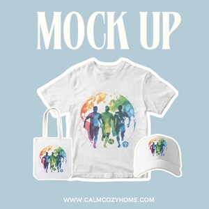 May include: White t-shirt, tote bag, and baseball cap with a colorful graphic of running figures and a soccer ball inside a globe. The words "MOCK UP" are at the top, and the website address is at the bottom.