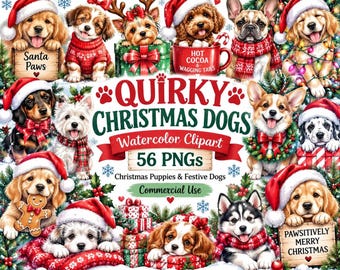 Quirky Christmas Dogs Clipart, Watercolor Christmas Dog PNG, Festive Puppies Clip Art, Cute Holiday Dogs, Commercial Use