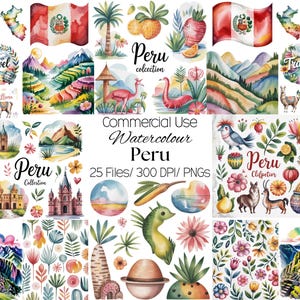 Puede incluir: Ilustraciones en acuarela con temas peruanos. La colección incluye imágenes de la bandera peruana, llamas, montañas y varias plantas y animales. También se puede ver el texto "Peru Collection" y "Commercial Use Watercolour Peru".