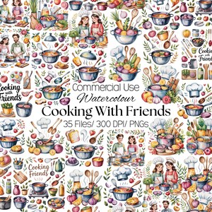May include: Watercolor illustrations featuring cooking-themed elements. The image includes various cooking tools, pots, pans, vegetables, fruits, and people cooking together. Text on the image reads "Cooking With Friends" and "Commercial Use Watercolour".