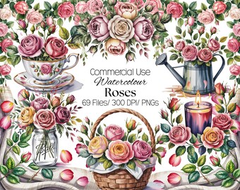 May include: Watercolor illustration featuring roses in various arrangements. Includes a teacup and saucer, a watering can, a mason jar, and a basket, all filled with roses. The image also includes a lit candle and the text "Commercial Use Watercolour Roses".