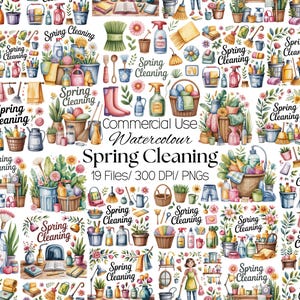 Op de afbeelding: Waterverfillustraties van voorjaarsschoonmaakartikelen, waaronder emmers, spuitflessen, bezems en bloemen. De tekst "Spring Cleaning" is te zien. De afbeelding is gelabeld "Commercial Use Watercolour Spring Cleaning 19 Files/300 DPI/ PNGS."