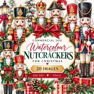 May include: A collection of watercolour nutcracker illustrations featuring various figures in red, green, and blue uniforms with gold accents. The central text reads: COMMERCIAL USE Watercolour NUTCRACKERS FOR CHRISTMAS 20 IMAGES 300 DPI PNGS.