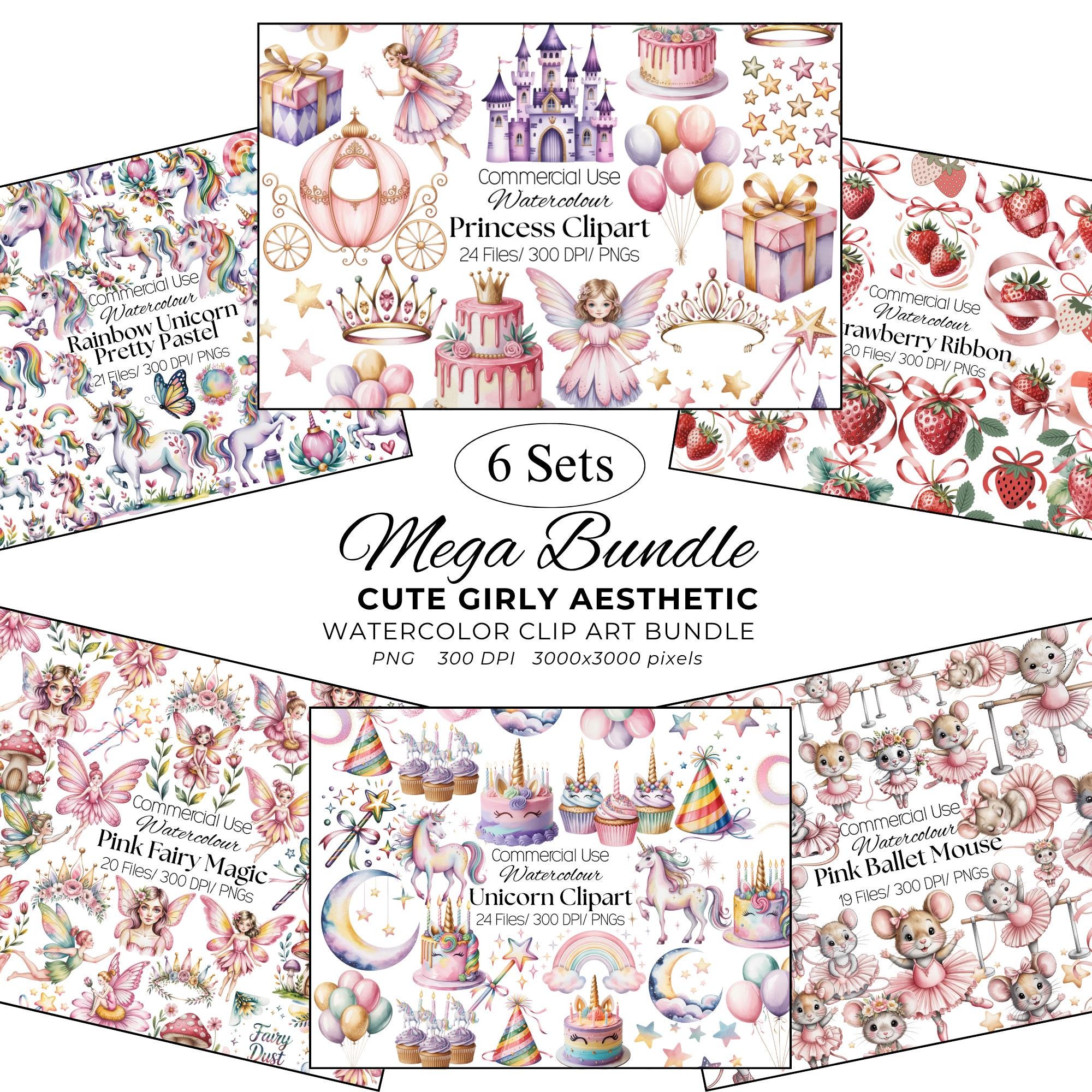 Cute Girly Aesthetic Clipart Bundle, Princess Unicorn Pastel Clipart ...